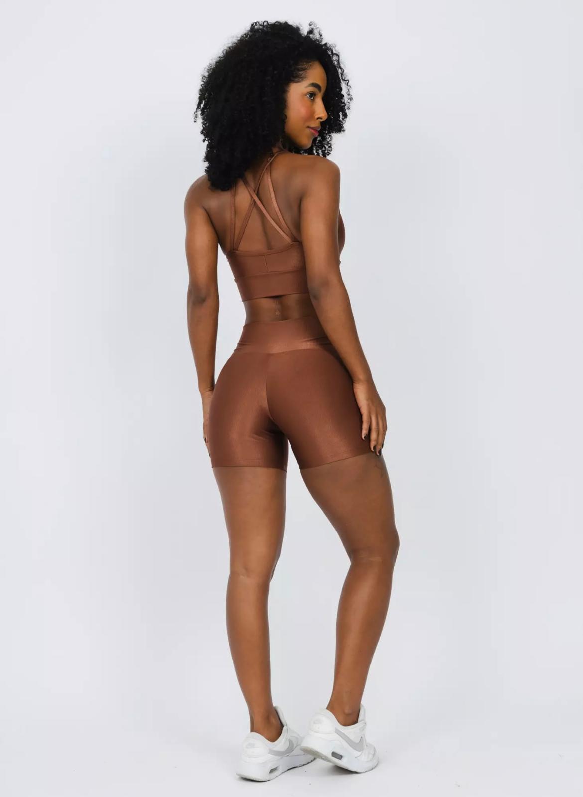 Velvet Mocha Active Set – Women’s High-Waist Shorts + Strappy Sports Bra