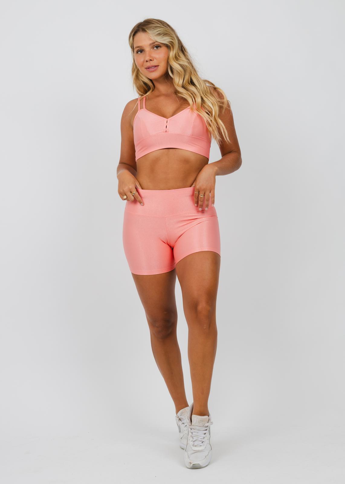 Velvet Glow Peach Gym Set – Women’s Sports Shorts + Strappy Sports Bra