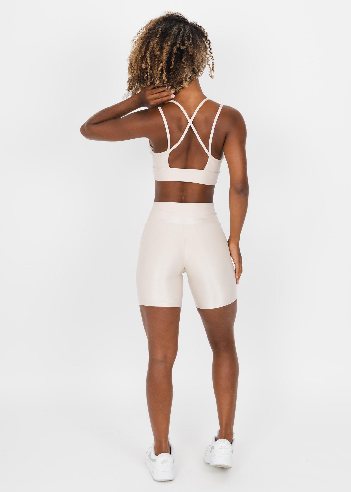 Sand Active Set – High-Waist Shorts + Strappy Cutout Sports Bra