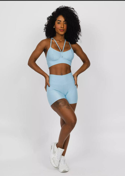 Serenity Blue Active Set – Women’s High-Waist Shorts + Strappy Sports Bra