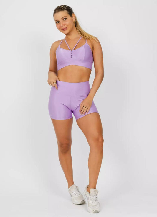 Velvet Glow Lilac Gym Set – Women’s Sports Shorts + Strappy Sports Bra