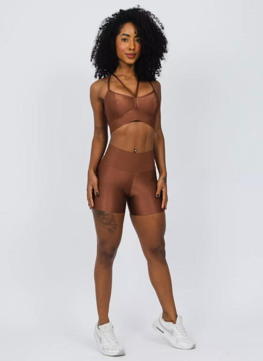 Velvet Mocha Active Set – Women’s High-Waist Shorts + Strappy Sports Bra