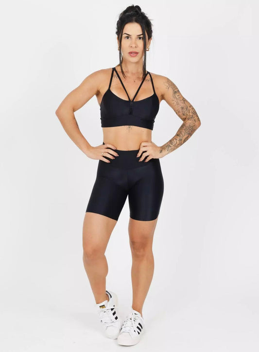 Black Active Set – High-Waist Biker Shorts + Strappy Sports Bra