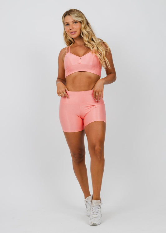 Velvet Glow Peach Gym Set – Women’s Sports Shorts + Strappy Sports Bra