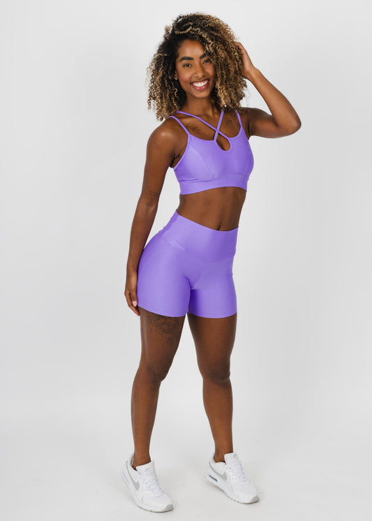 Lilac Active Set – High-Waist Shorts + Strappy Cutout Sports Bra